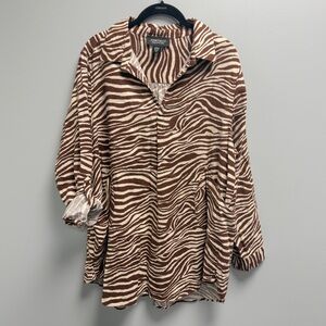 Jones & Co 1X Zebra Print Linen Blend Tunic Top Brown Cream Animal Print Blouse